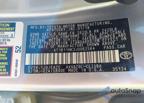 2018 Toyota Camry Se z USA, uszkodzony, nr VIN 4T1B11HK3JU062564